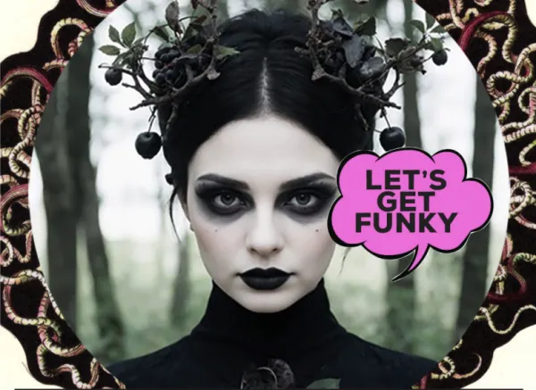 Goth girl with a purple thought bubble reading Let's Get Funky.